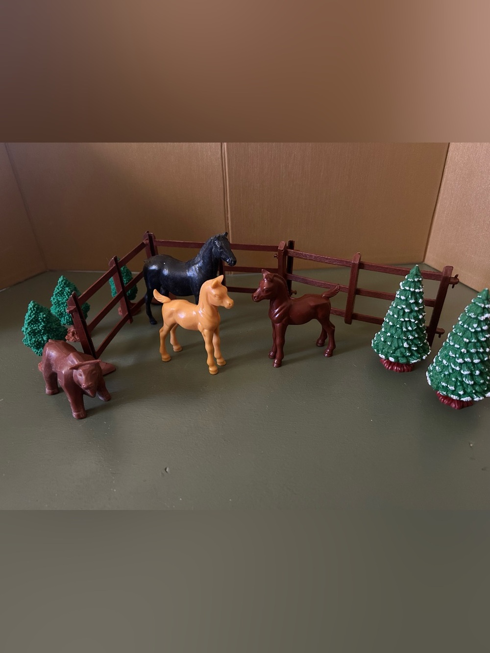 Toy Plastic Horses, Trees, Fence And Cow Farm Animals